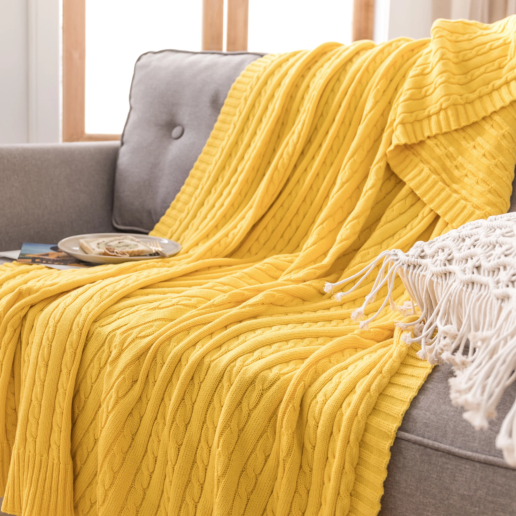 Battilo Cotton Knitted Throw Blanket Soft Cozy Cable Knit Sofa Throws Large Heavyweight Decorative Blanket for Twin Queen Bed