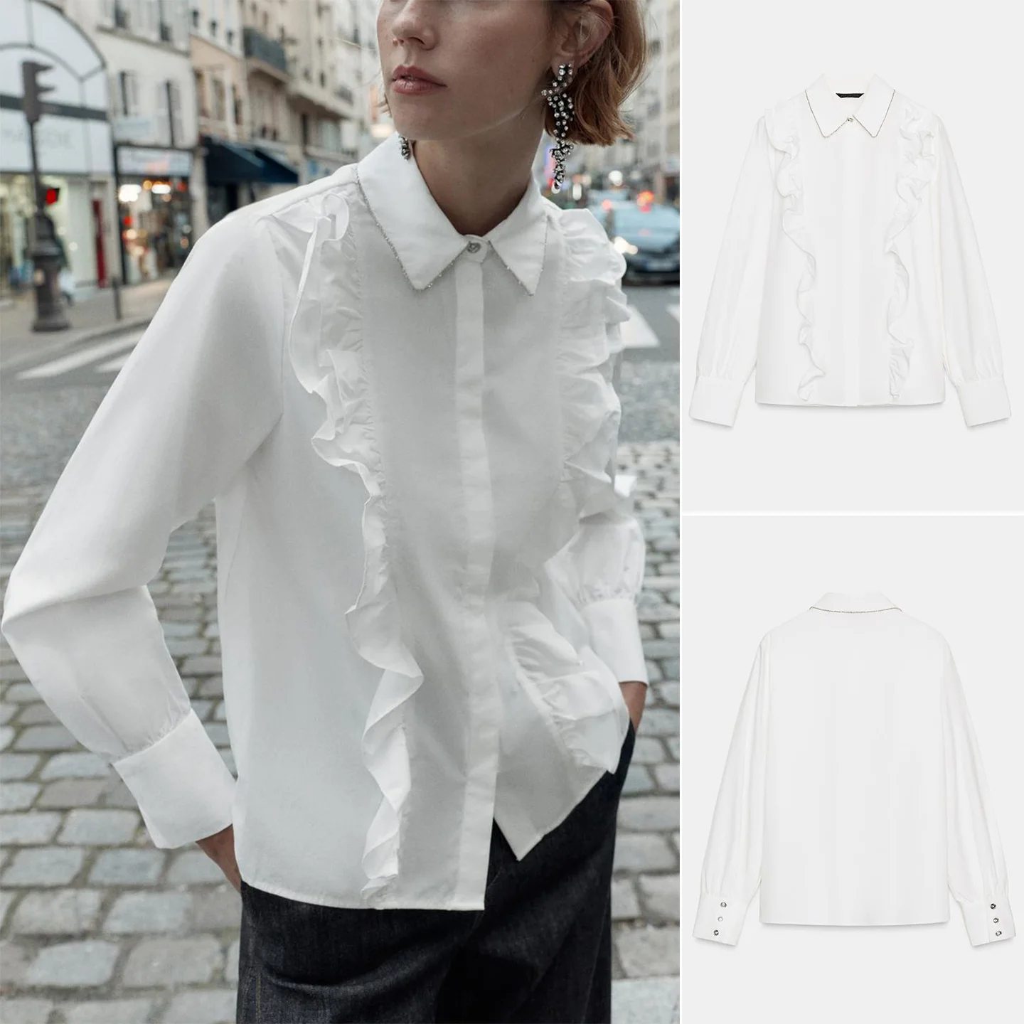 

mat Sle Long Sve Beaded Flip-Cover Collar Silk irt Women's Faion New Arrival Breathable Polyester Fiber irt