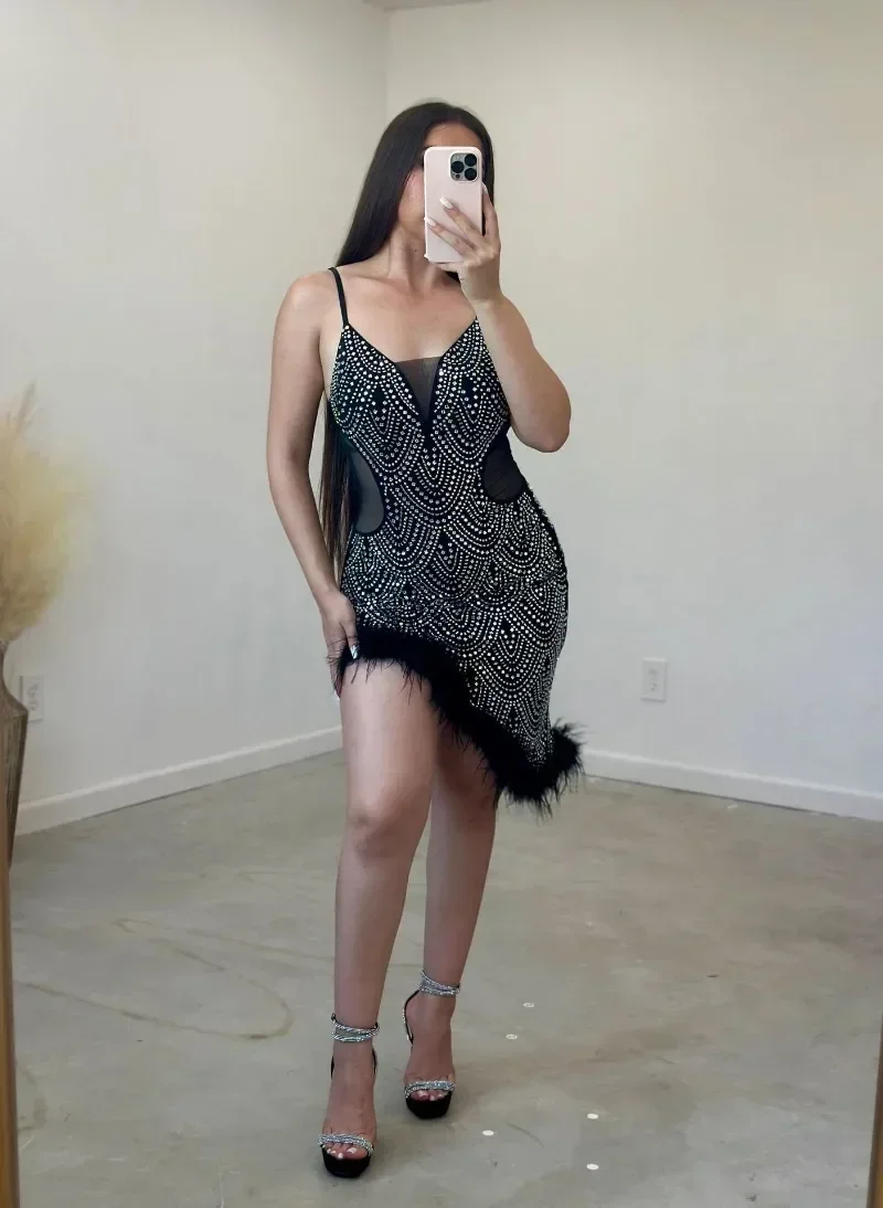 

GUWU Sexy Rhinestone Mesh Patchwork See Through Women Dress Fashion Feather Sleeveless Strap Night Party Club Mini Dress