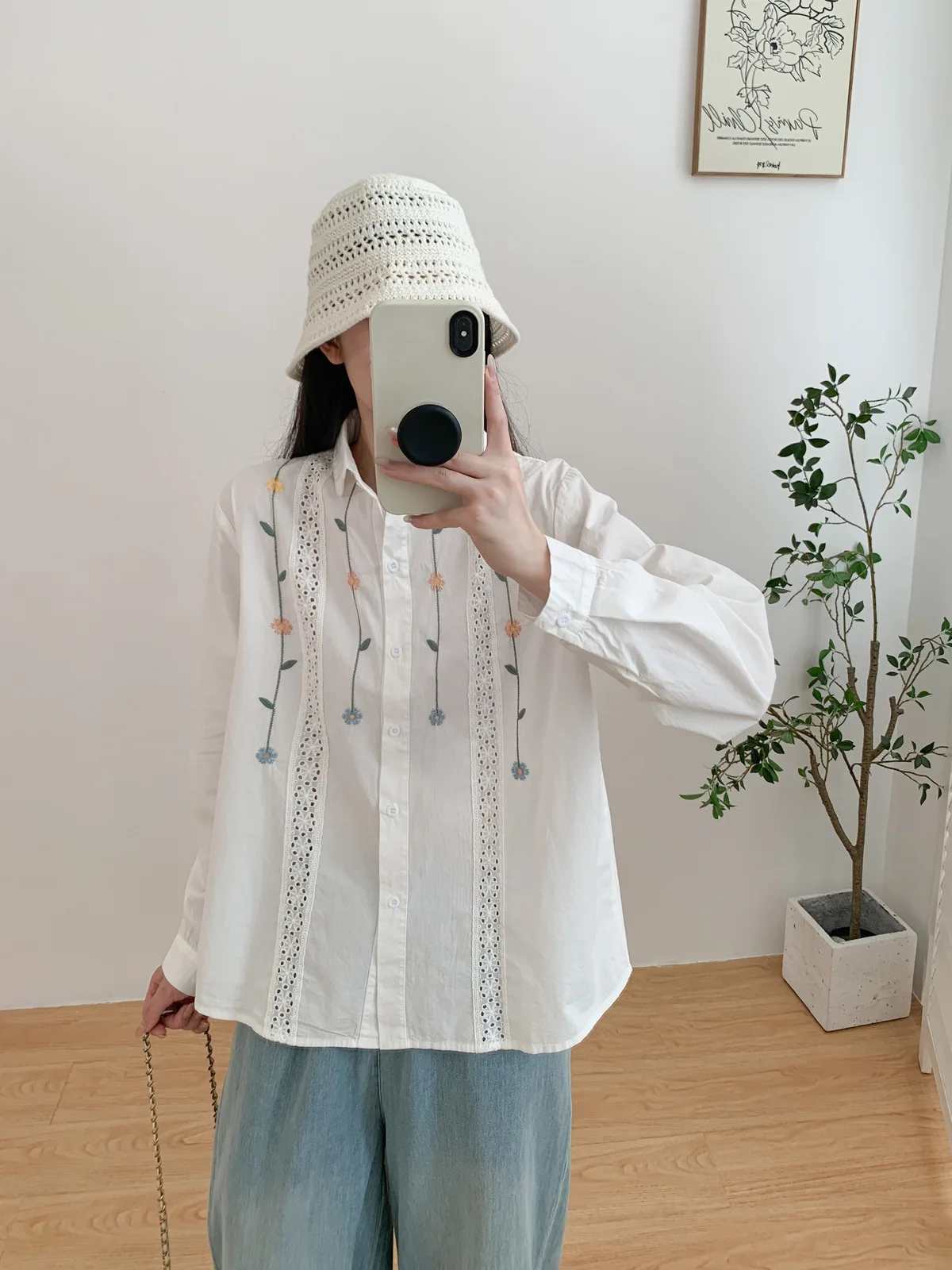 جديد 2025 الخريف قميص قطني بكم طويل ، المرأة بدوره إلى أسفل طوق الأزهار التطريز ، موري فتاة البراري شيك بلوزة فضفاضة T58987CC