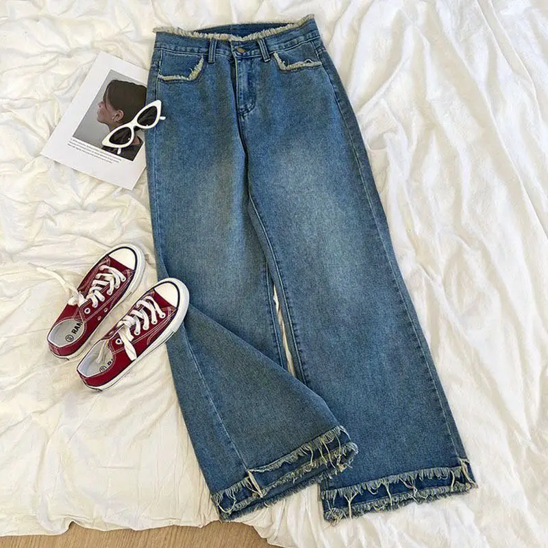 

2024Unique new high-waisted slimming straight high street frayed jeans for women, loose wide-leg pants, trendy and fashionable