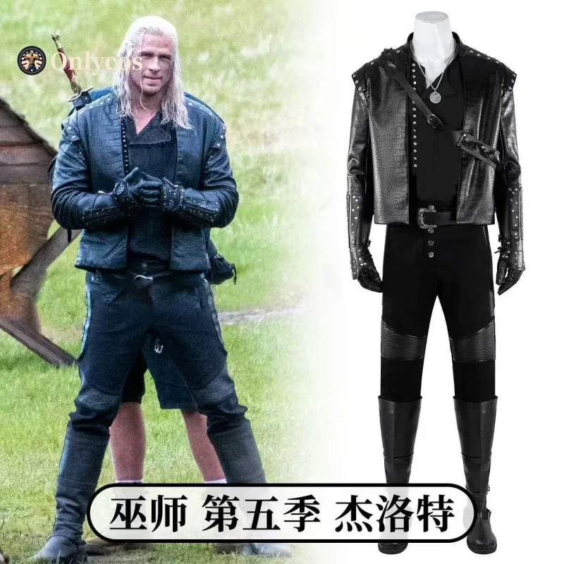 جيرالت أوف ريفيا كوسبلاي الساحرة 5 أزياء الهالوين للرجال وسيم موحد معطف الدعائم مجموعة إكسسوارات الأحذية Onlycos
