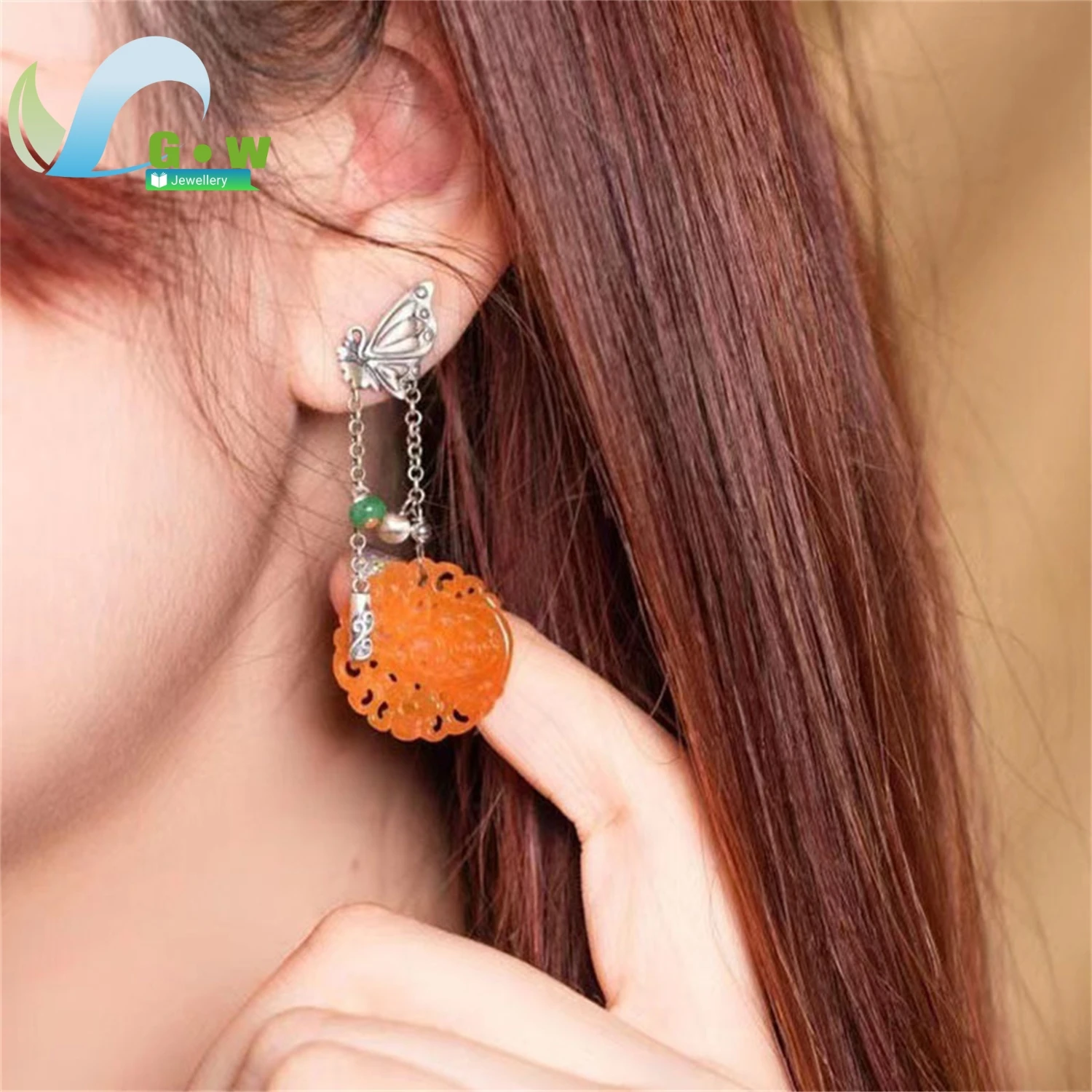 

Retro Royal Palace Style Earrings for Women 925 Sterling Silver Butterfly Tassel Dangling Hollow Carved Hetian Jade Pendant