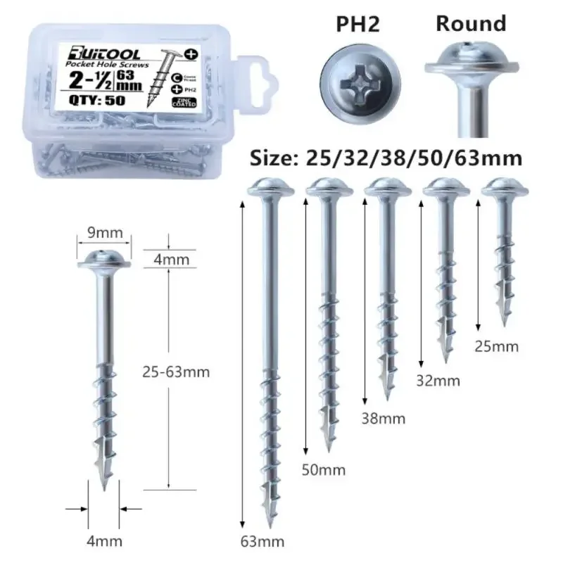 Woodworking Screws PH2 Pocket Hole Screws Zinc Coated Coarse Thread Wood Thread Pocket Woodworking Screw 25/32/38/50/63mm