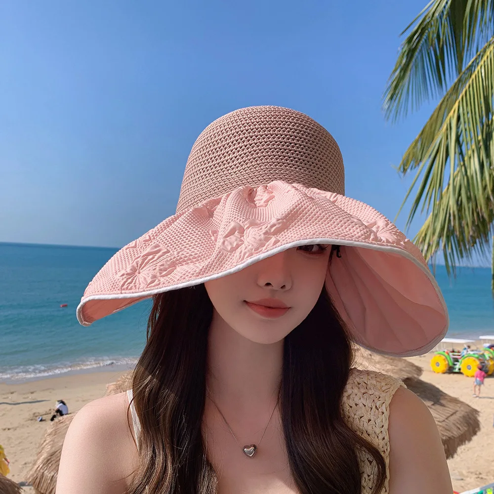 New Summer Women Sun Hat Bowknot Wide Brim Floppy Panama Caps Outdoor Colored Rubber Sunscreen Hat Ladies Versatile UV-proof Cap