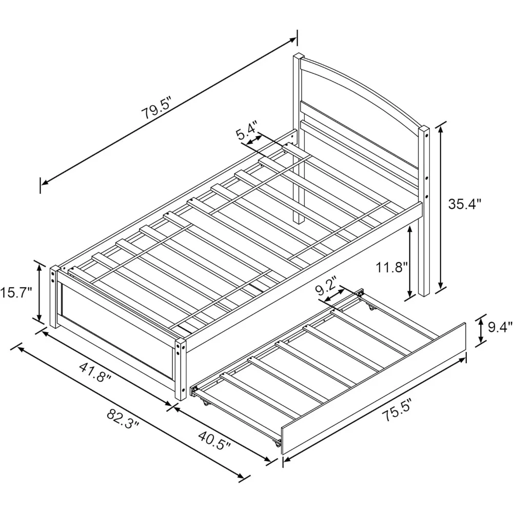 Daybed with Trundle, Twin Size Pull Out Bed, Solid Wood Extendable Day Bed with Trundle Bed Twin, Include Slat Support