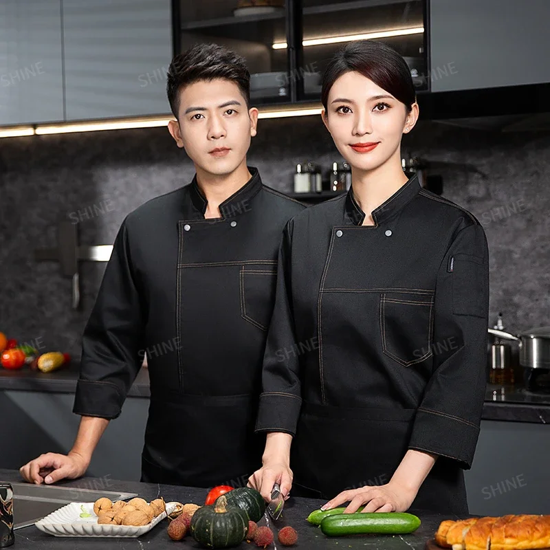 

Hotel Long Sleeve Chef uniform Men chef jacket with apron Restaurant Cook Coat Chef T-shirt Work Uniform Waiter Clothes Logo
