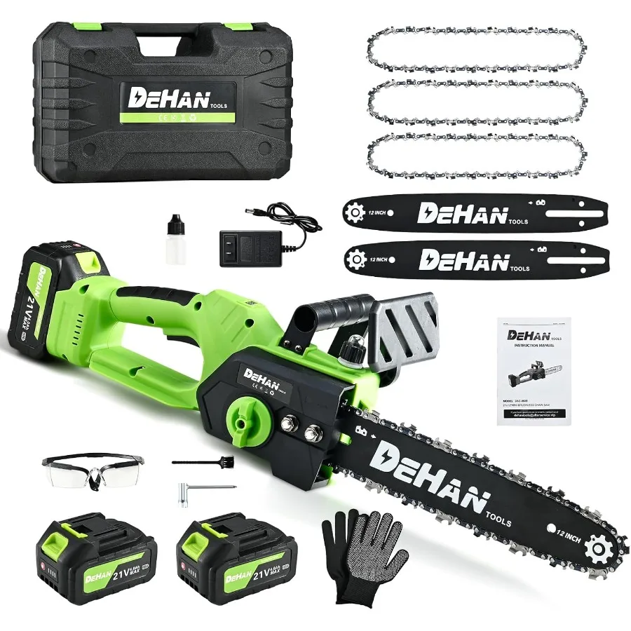 

12-Inch Brushless Chainsaw Cordless Chain Saw with 1000W Motor Includes 2 × 4.0Ah Batteries and 2 Guide Bars 3 Chains Lightweig