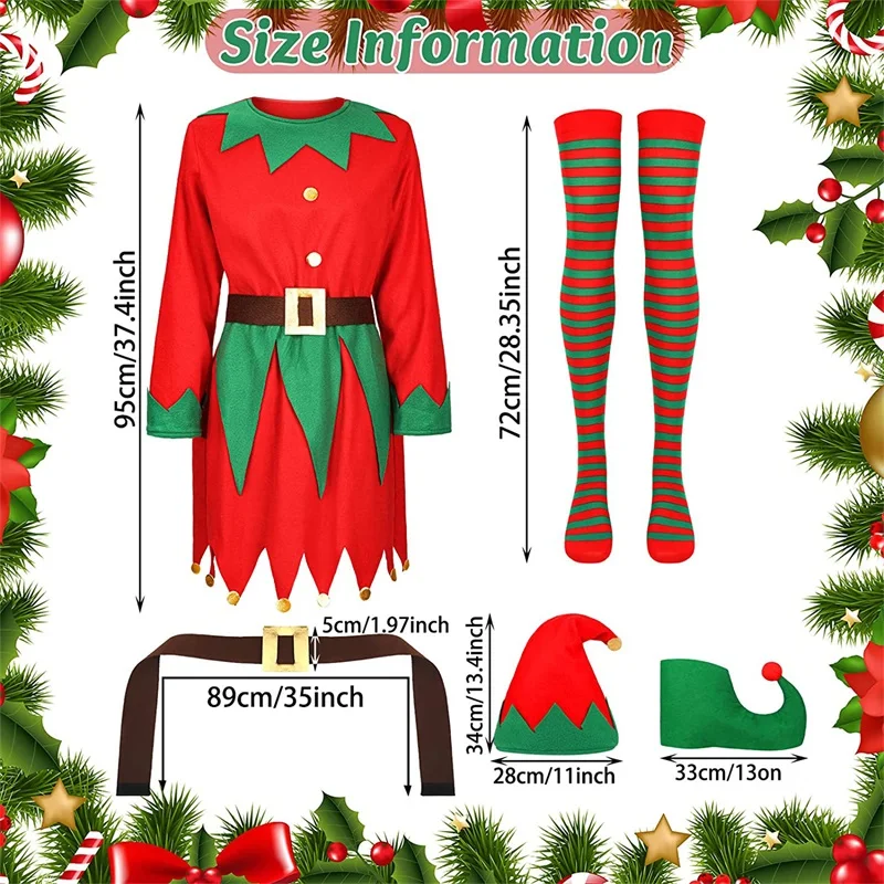 Christmas Elf Costumes Long Sleeve Dress and Belt Hat Shoes for Women Girl Party Role-Playing Cosplay