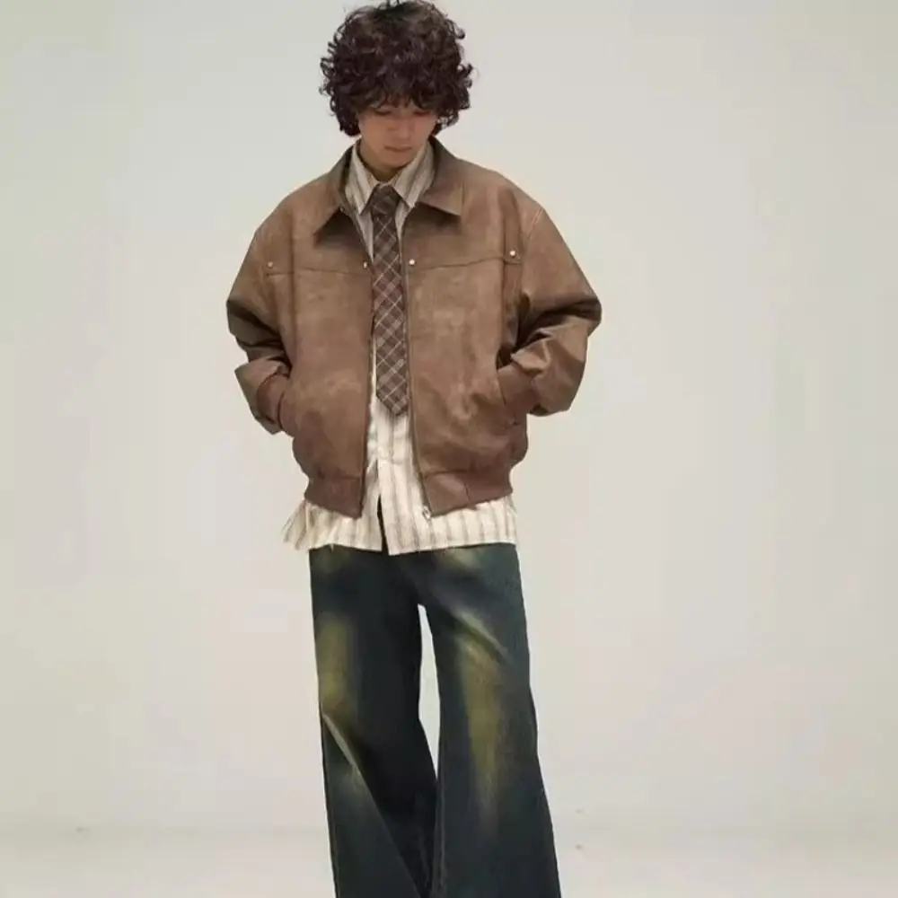 Outerwear Loose Fit Men Jackets Thick Long Sleeves Turn Down Collar Jacket Warm Windproof Flight Jacket Autumn Winter