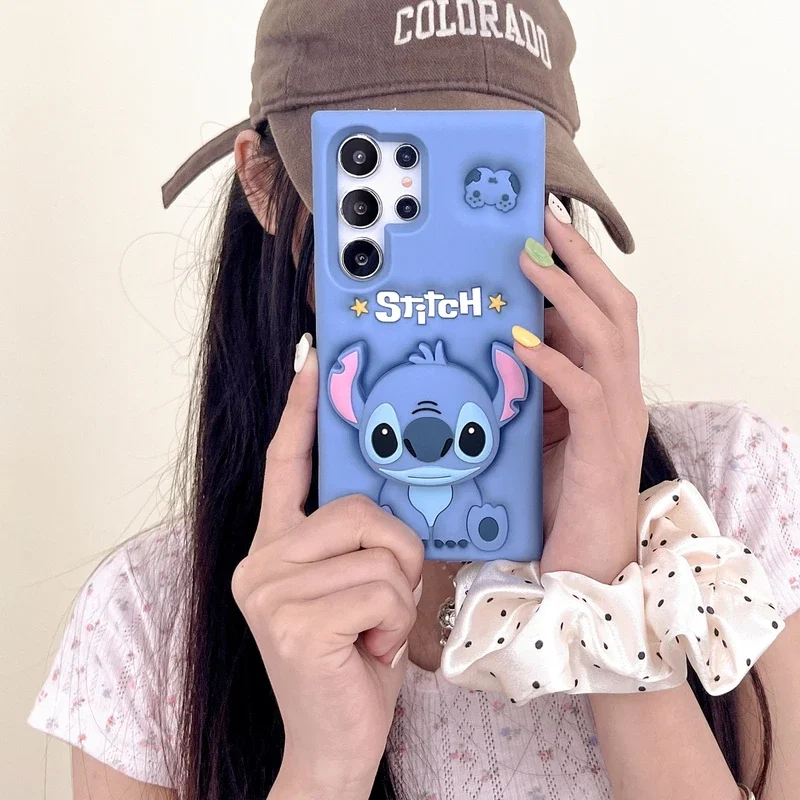 3D Stereoscopic Cute Cartoon Disney Stitch Stand Holder Phone Case For Samsung Galaxy S 24  23 22 Ultra Puls Soft Silicone Cover