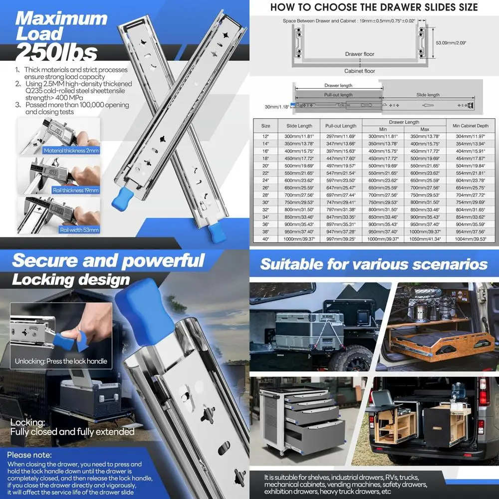 

Усиленные выдвижные направляющие с фиксацией грузоподъемностью 220 фунтов для промышленных инструментальных ящиков 12-40 дюймов с боковыми направляющими на шарикоподшипниках