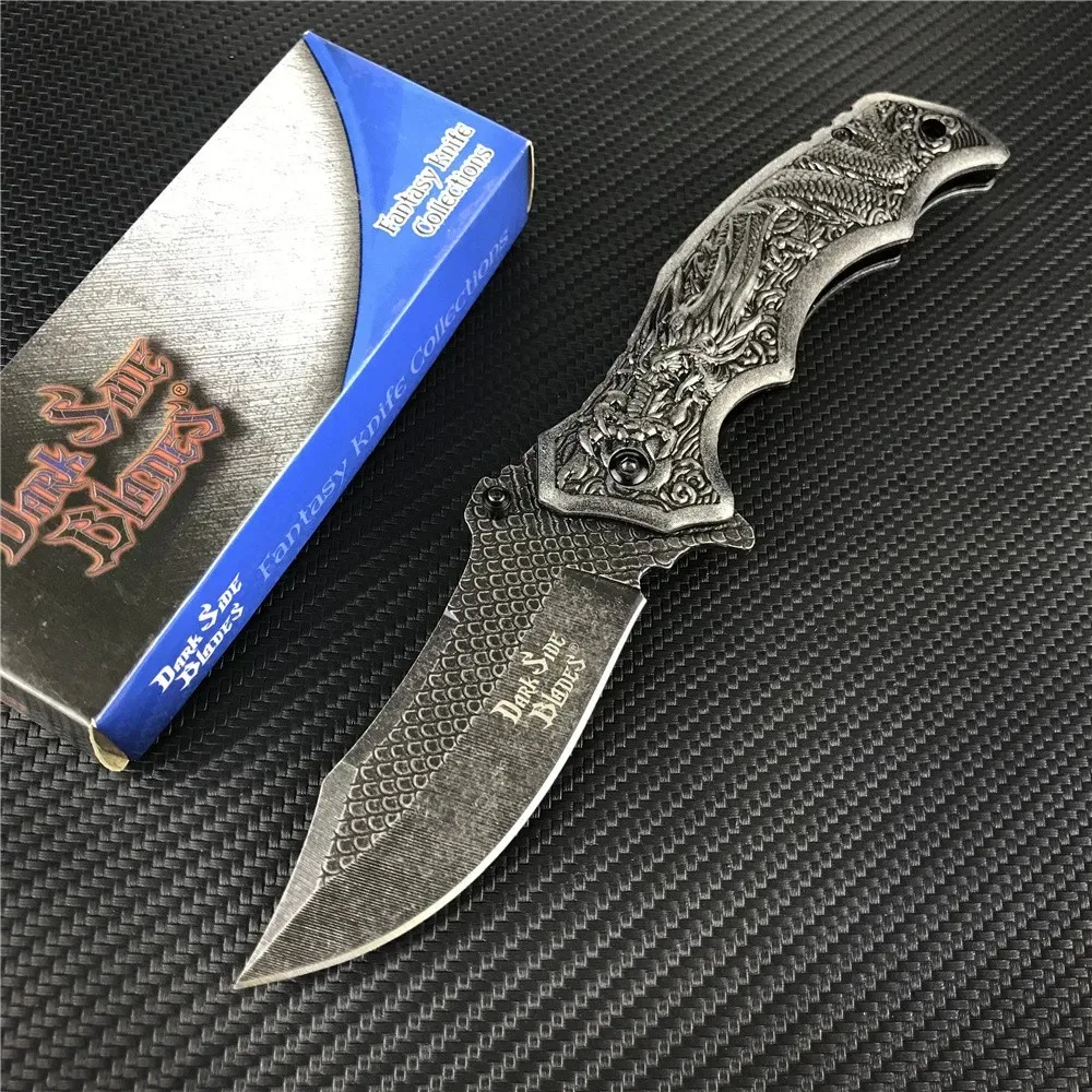 Tactical Dragon Pattern Handle Folding Knife Hunting Collection Gift Knife with Pocket Clip Outdoor Camping EDC Knives