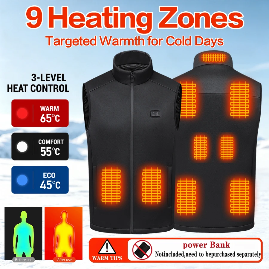 9 Heating Zones Soft Shell Heated Vest Dual Control Switch 3‑Level Temperature Stand Collar Zipper USB Electric Thermal Vest Uni