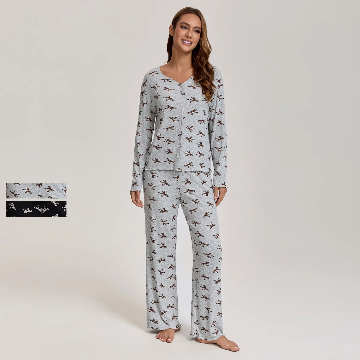 

New Arrivals Modal Ribbed Women's Pajama Set Long Sleeve and Pants V-neck with Cartoon Print Comfortable and Cute Loungewear
