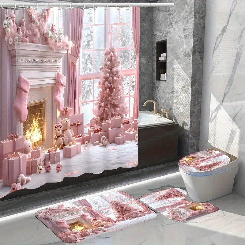 4pcs Christmas Home Decor Waterproof Shower Curtain Sets with 12 Hooks Toilet Seat Cover Bathroom Mat Non-Slip Rug Carpet Po