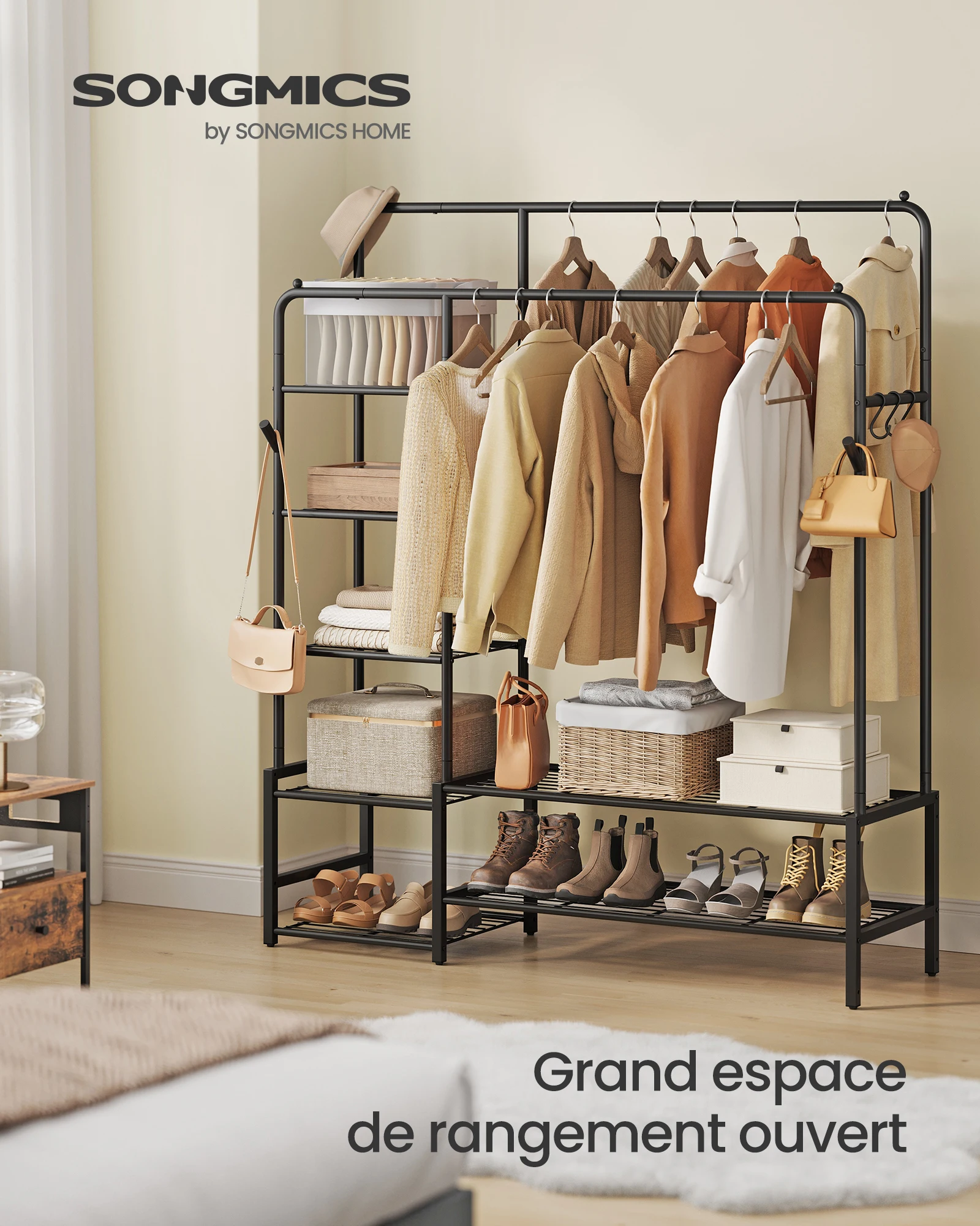 SONGMICS Portant à Vêtements, Armoire Penderie Ouverte, Porte-manteau avec 7 Étagères, Cadre en Métal, Tringles, pour Chambre, Salon, Entrée, Noir