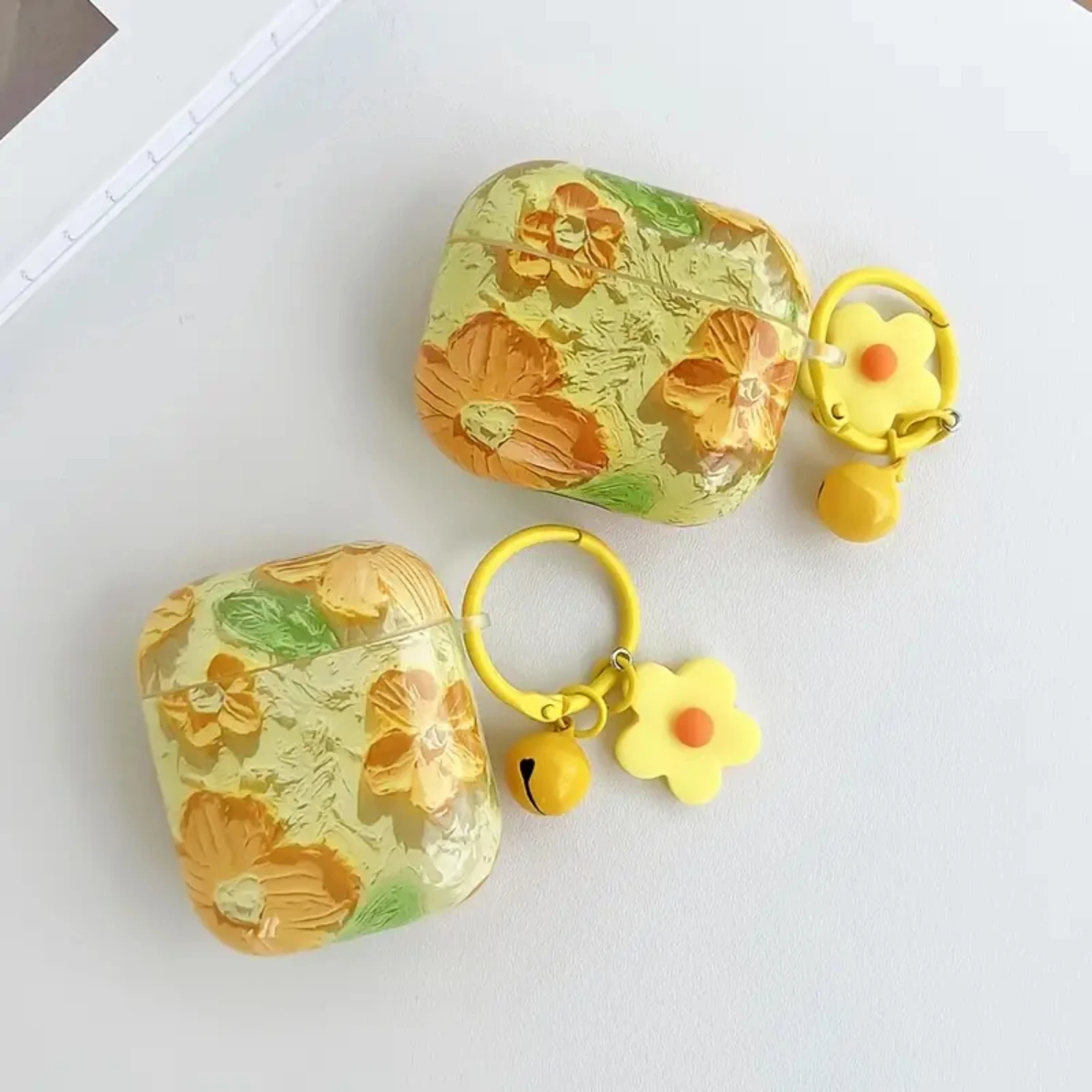 1 قطعة غطاء سماعة أذن بنمط الزيت الأصفر مع سلسلة زهور لأجهزة Airpods 1/2/3 Pro #6