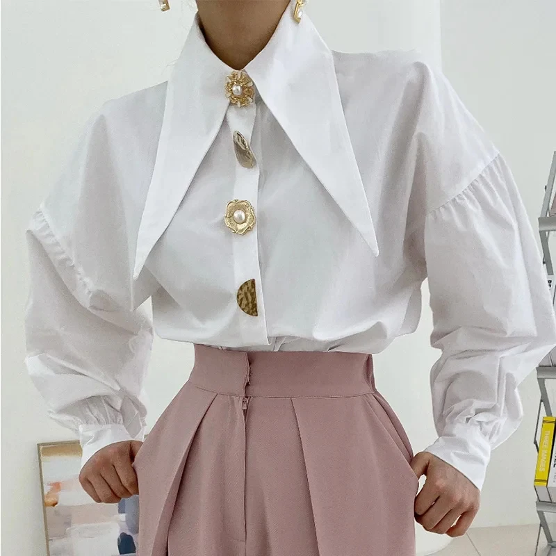 Lady Fashion Loose Puff Long Sleeve Blouse Korean Chic Pointed Neck Single Pearl Button White Shirt Casual Solid Tops for Women