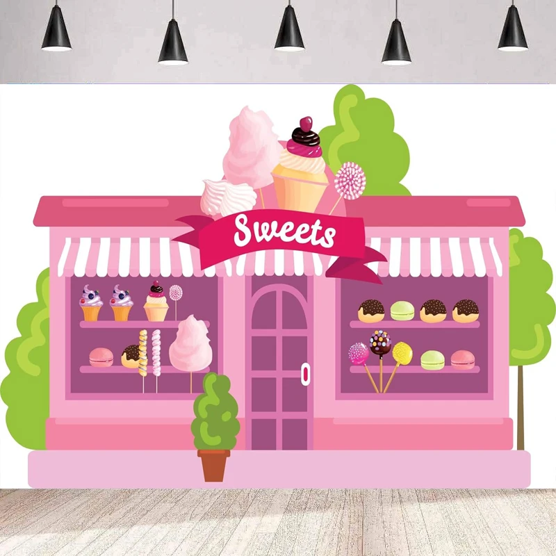 Sweet Shoppe Photography Backdrop Cupcakes Donut Cakes Sweet Candy Shop Window Background Home Party Backdrop Wall Banner Poster