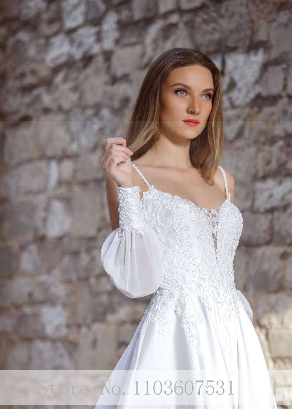 Vestido de novia de satén con tirantes finos para mujer, traje elegante de encaje, corte de línea a, manga larga, fiesta de boda