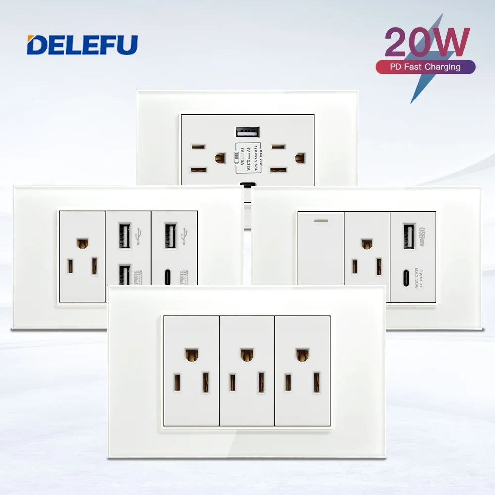 DELEFU White 118mm Glass Panel Mexican Standard C-type American Wall Socket Switch Fast Charging Satellite Phone CAT5 CAT6