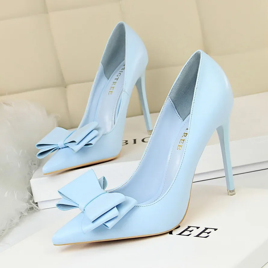 BIGTREE Spring Summer Heels Shoes Pink Woman Baby Blue Sweet Bow Women High Heels Matte Leather Pumps Lady Thin Heel Pointed 34