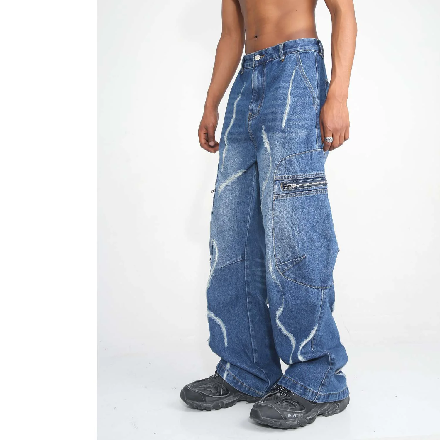 2023 New Loose Straight Zipper Hip-Hop Overalls Large Pocket Frayed Wide-leg Jeans