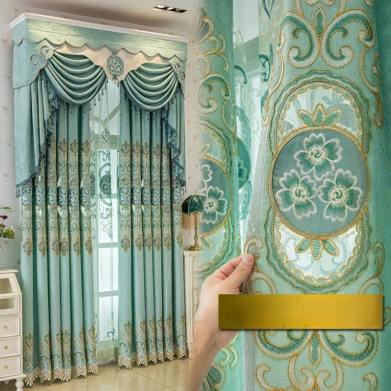 

Custom Size European Blue Embroidered Valance Chenille Luxury Curtains for Living Room Bedroom Dining Blackout Tulle Window