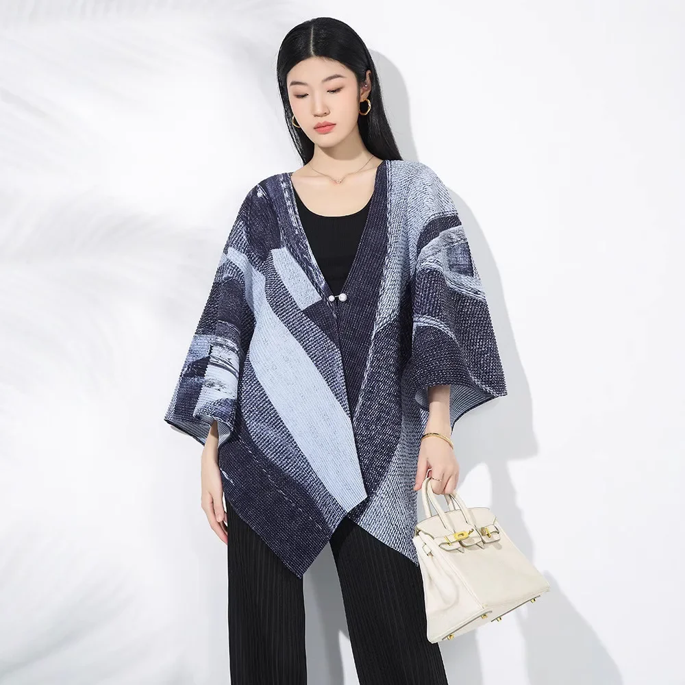 Miyake Pleated Shirt Loose Lapel Oversized Jackets Art Pleated Printed Loose Large Size Versatile Coat Shawl