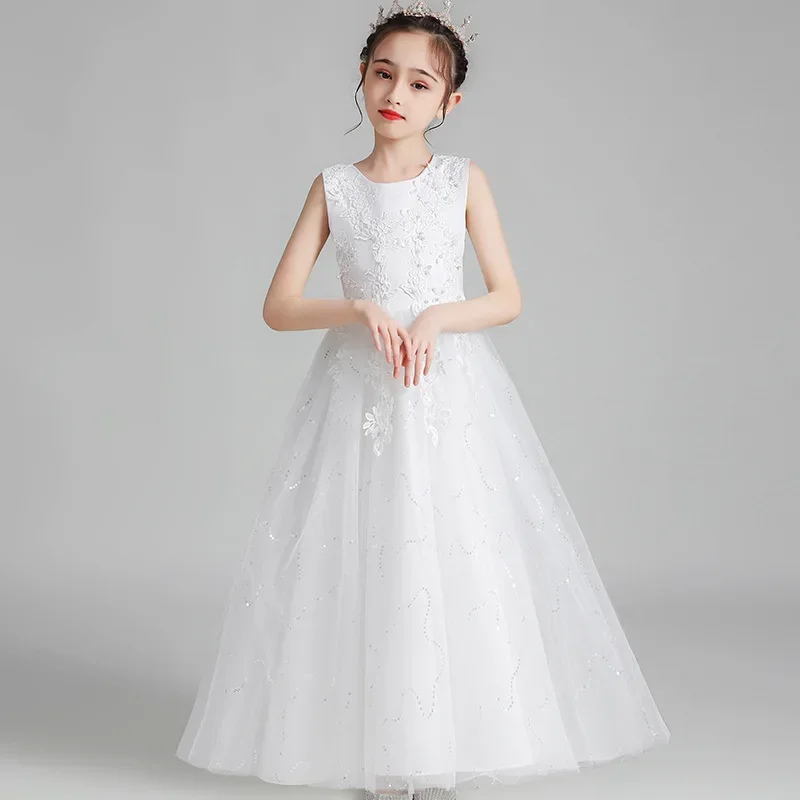 Vestidos de dama de honra para adolescentes, vestido de baile infantil, Lantejoula Applique, florista, aniversário, vestido de casamento, roupas infantis, branco