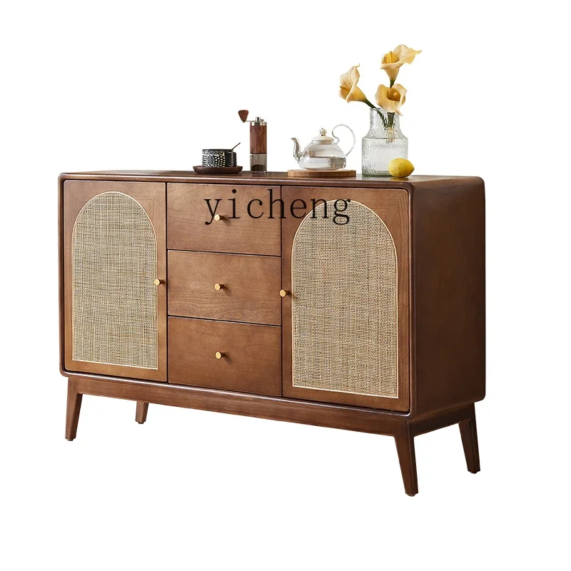 

TQH retro solid wood dining side cabinet simple rattan locker walnut color household storage cabinet