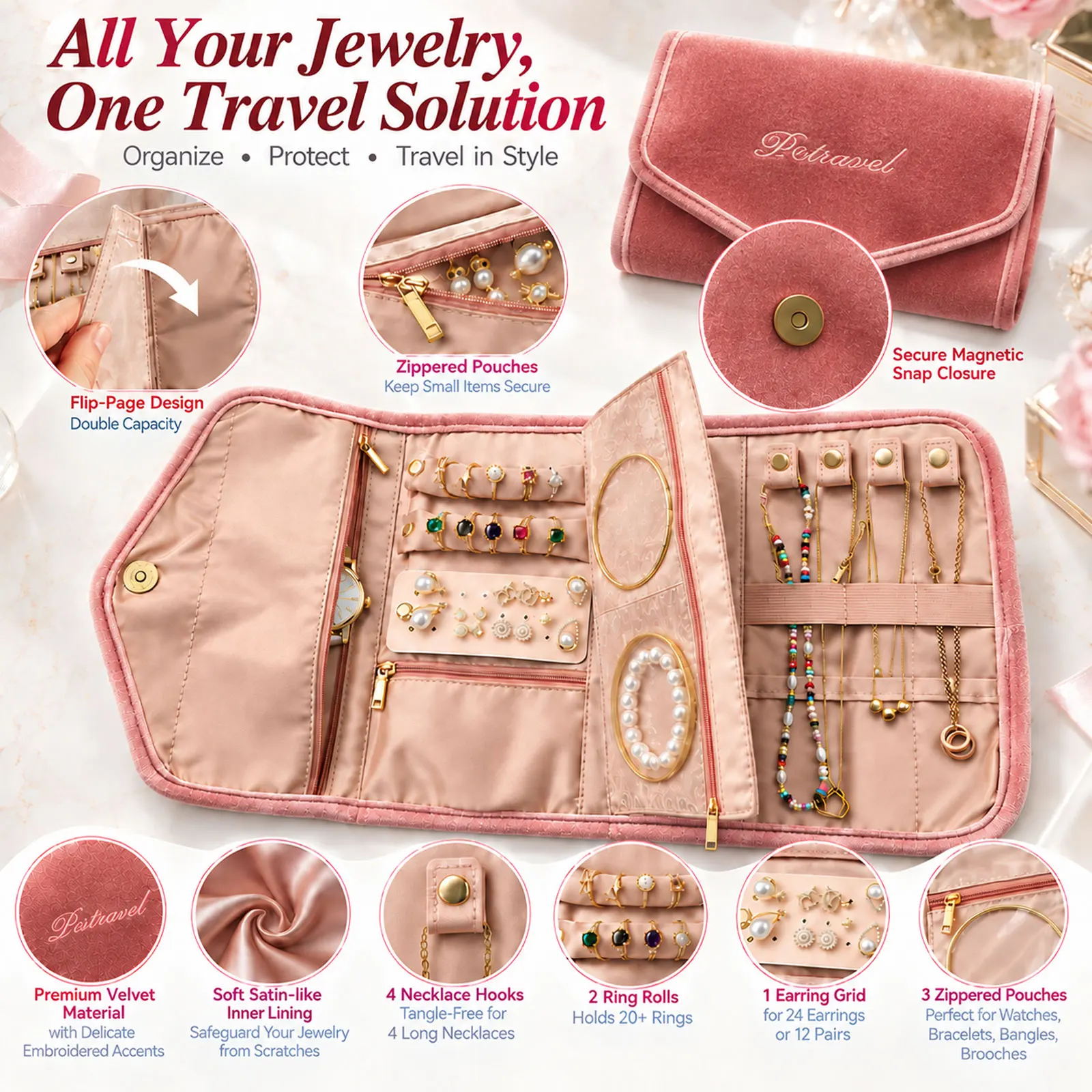 Portable Travel Jewelry Case: Lightweight Velvet Jewelry Organizer-Compact Yet Roomy Organizer for Tangle-free Necklace Earring Bracelet Ring - Stress-free Storage for Trips & Vacations