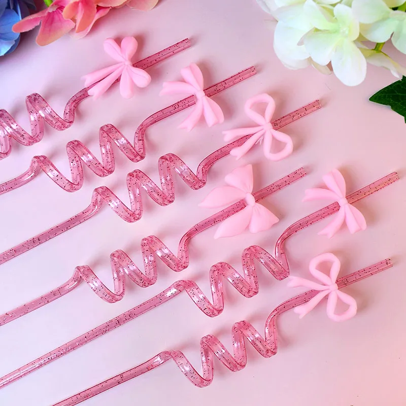 4/8/12/16pcs of reusable glitter spiral straws with cute bows—perfect for themed events and other special parties