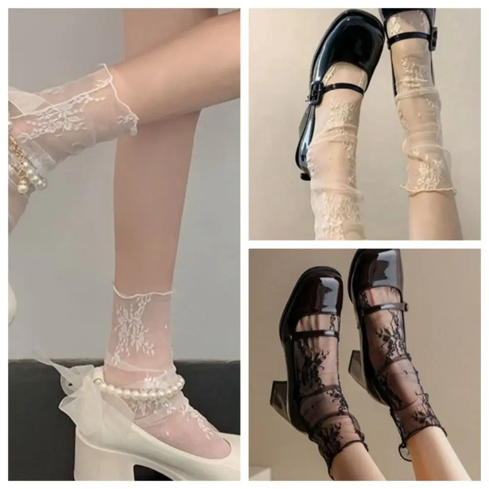 شبكة شفافة زهرة الدانتيل الجوارب شيك منتصف أنبوب الأزهار تول رقيقة كومة حتى الجوارب الكورية نمط الجاكار الأميرة جورب الصيف #4