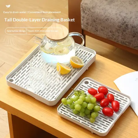 Double drain tray Household tea tray rack, bowl and chopsticks tea cup storage rectangular plastic drain tray