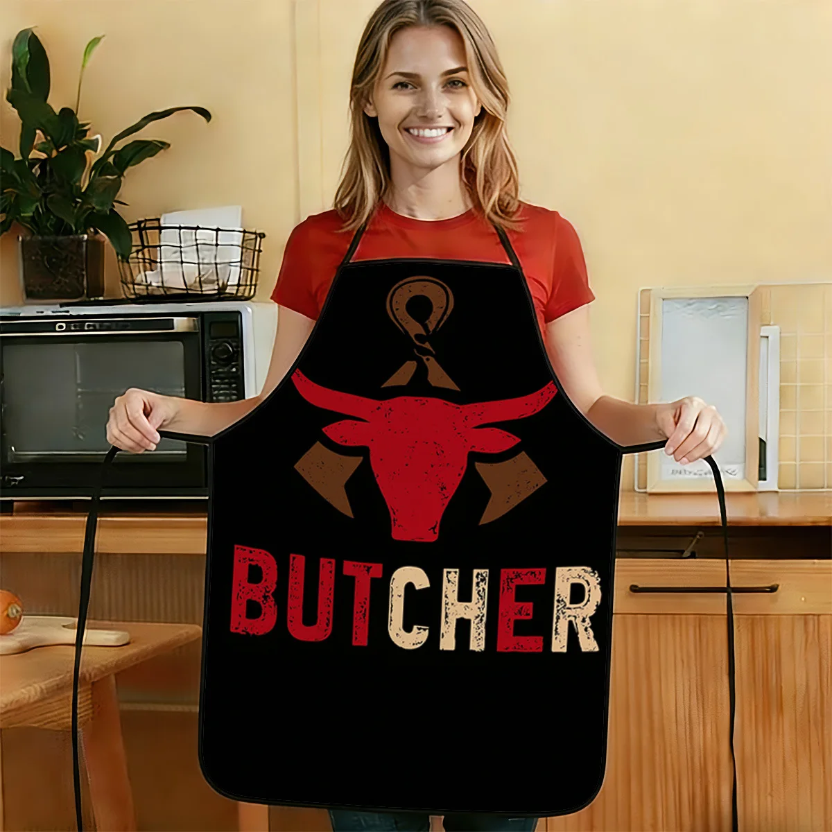 1pc 2D Flat 1744 Butcher Sign Design Printed Pattern Apron Durable And Easy To Clean Adjustable Waistband Available In Two Siz
