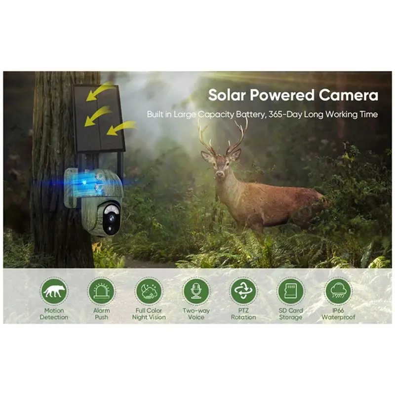 ABZZ-4MP 4G Solar Security Camera Wifi Human/Animal Detection 2-Way Talk IP66 Waterproof Wildlife Camera (A)