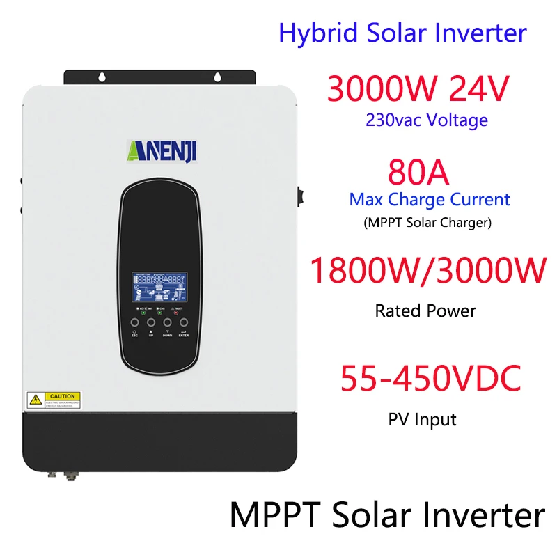 Hybrid Solar Inverter 3000W 1800W 24V Off Grid Inverter 230V PV 55-450V Pure Sine Built-in 80A Solar Charge Controller for Home