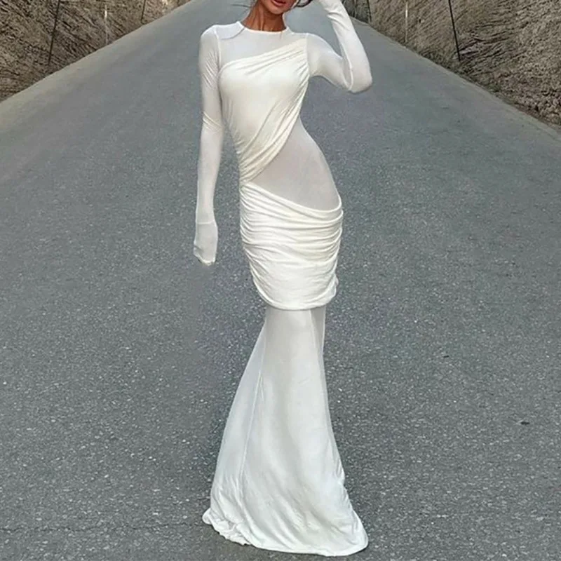 

Talenza Elegant White Patchwork Long Dress Women's Sexy O-Neck Long Sleeve Solid Slim Dress High Pleats See-through Evening Gown