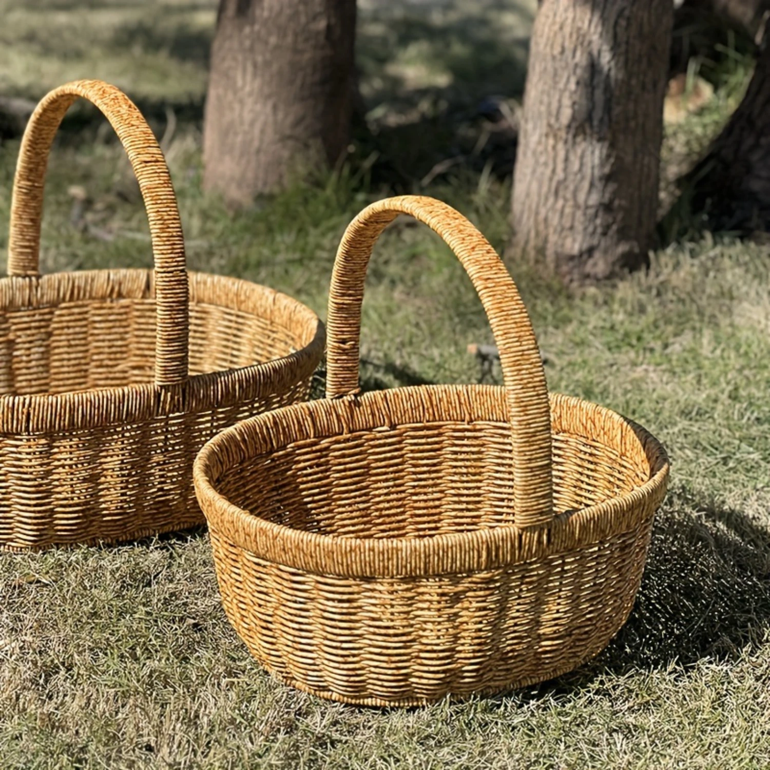 Mir de pique-nique à cadre en fer tissé à la main de style japonais, panier de courses de grande taille avec poignée pour l'épicerie, les œufs et les fruits