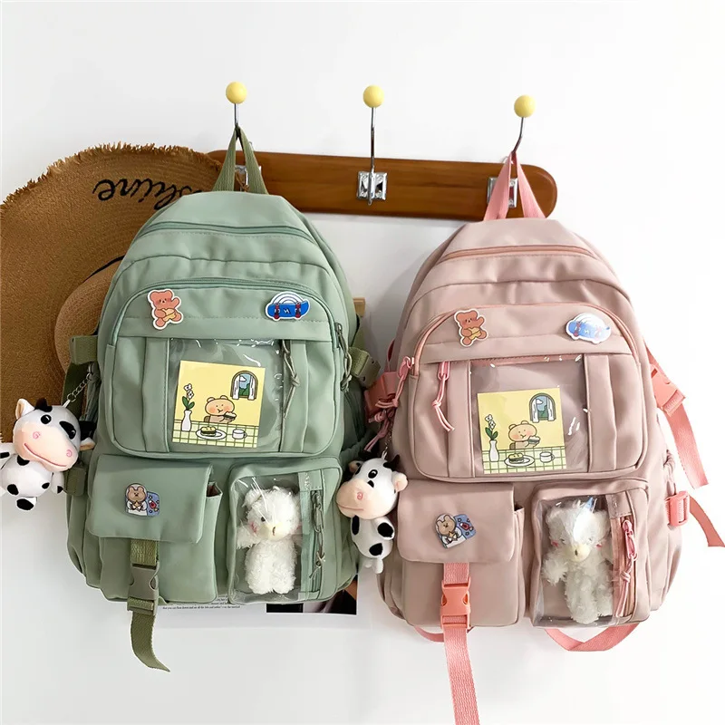 Mochila escolar de nailon con múltiples bolsillos para mujer, morral escolar impermeable para estudiantes, mochila Kawaii para ordenador portátil