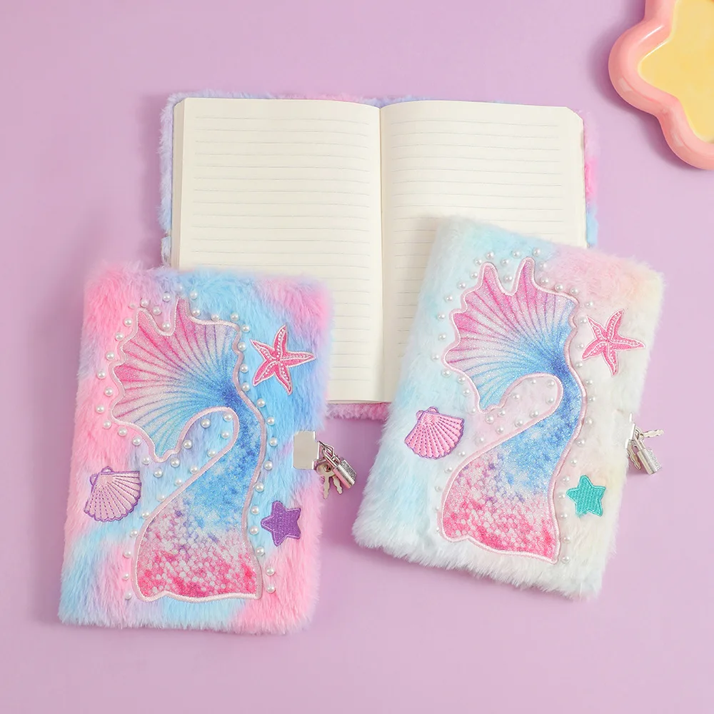 2pcs Cute Cartoon Fluffy Mermaid Tail A5 Lockable Notebook Student Stationery Diary Notebook Homework Reward Gifts