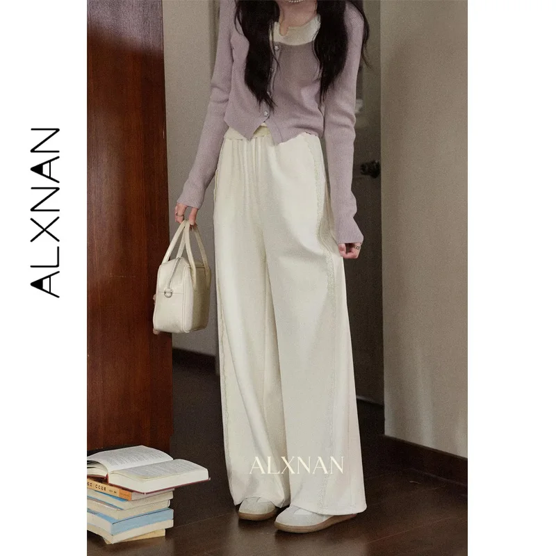 ALXNAN 2025 Autumn Women's Beige High-waist Wide-leg Straight Loose-fit Baggy Pants Casual Office Lady Trousers L569196