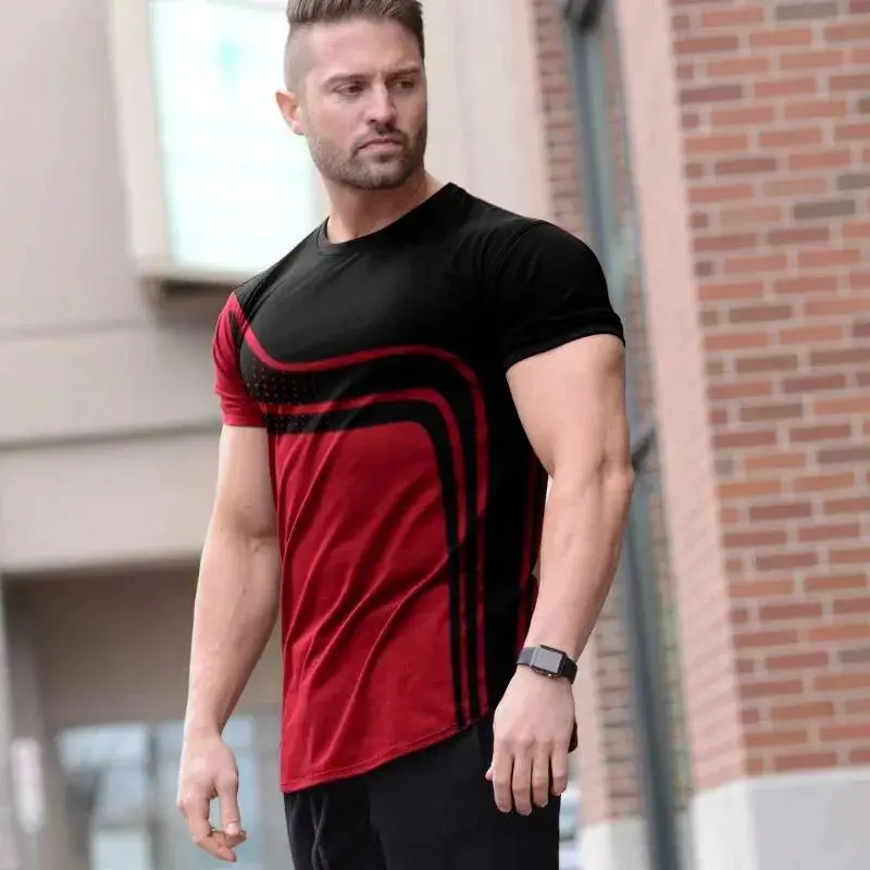 

2024 new men's T-shirt geometric stripes novelty crew-neck summer casual retro short-sleeved everyday street wear