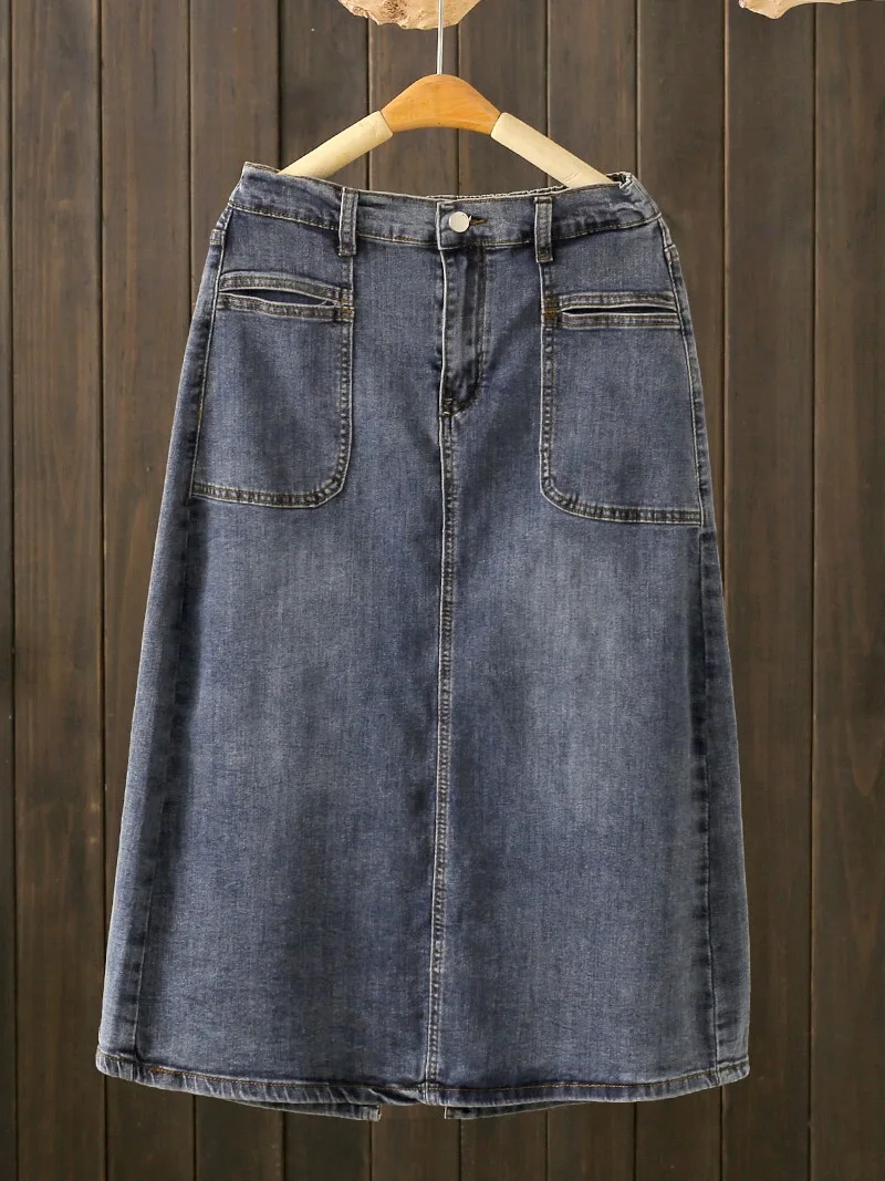 

Summer plus Size 200 Pounds Mid-Length Denim A-Line Skirt Women's High Waist Slimming One-Step Wraparound Skirt Back Split