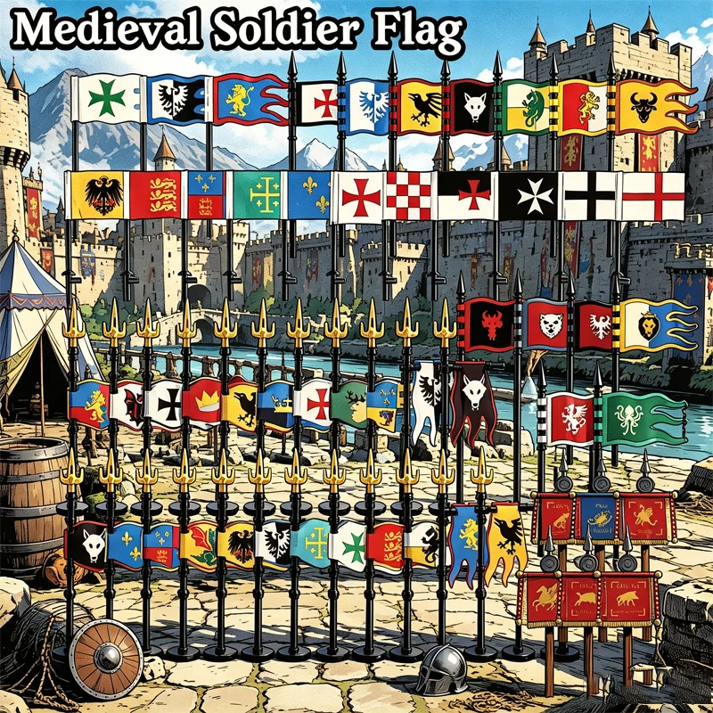 Medieval Castle Banner Knight Flag Accessories Building Blocks Royal Army Warrior Military Legion Soldier Wolf Eagle Bricks Toys