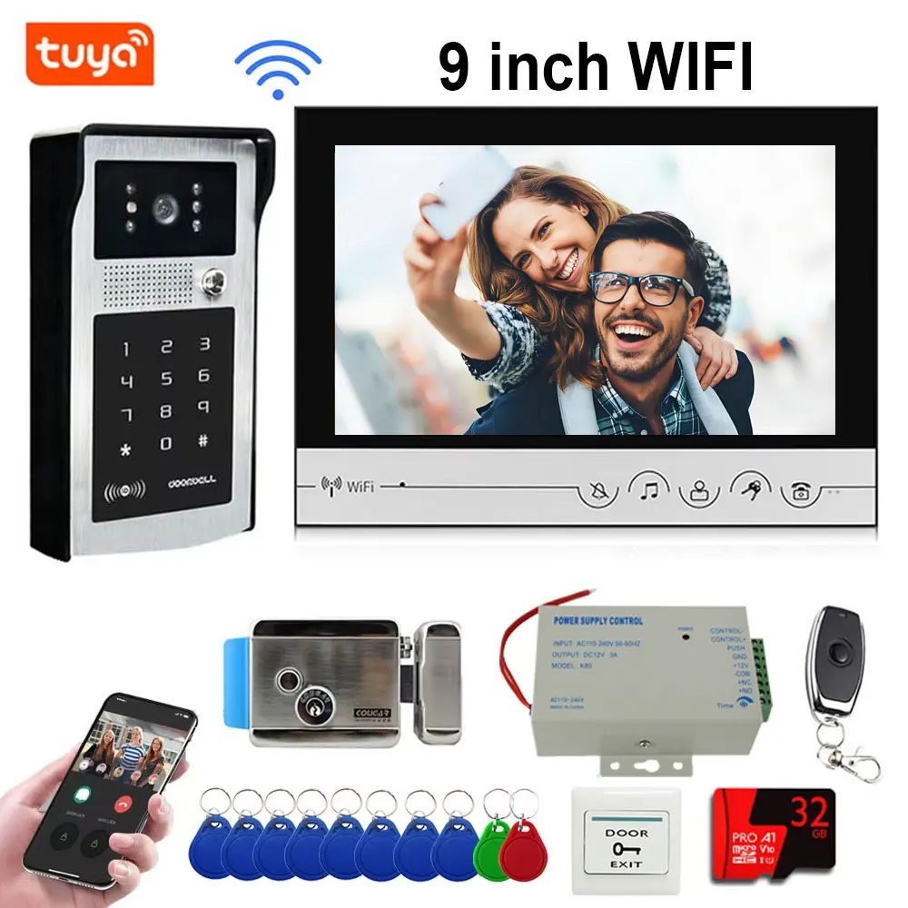 Новый 9-дюймовый 4в1 разблокировка Wi-Fi дверной звонок видеодомофон видеодомофон камера с паролем с электрическим управлением дверной замок