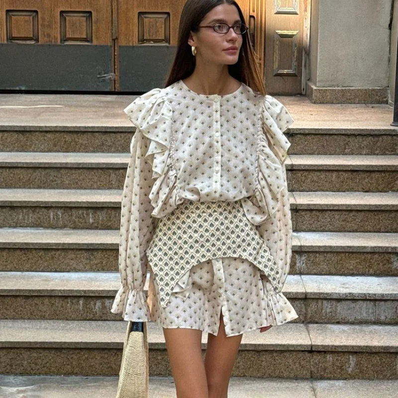 

2025New High-End Round Neck Ruffle Bell Sleeve Shirt Dress with Waist Belt Printed Short Dress for Women