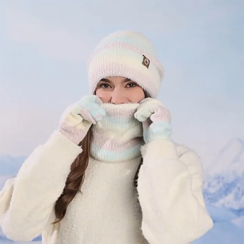 مجموعة قفازات وشاح قبعة شتوية محبوكة للنساء مكونة من 3 قطع من إكسسوارات الملابس الدافئة للطقس البارد